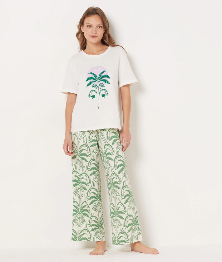 Pantalon de pyjama imprimé palmier coupe large 7/8ème