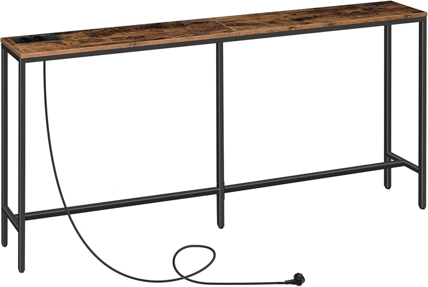 MAHANCRIS Table Console avec Station de Charge, Table de Canapé Mince de 180 cm, Table d'Entrée Industrielle avec Ports USB, Table d'Appoint de Canapé pour Entrée, Couloir, Marron Rustique ACTHR18UE01