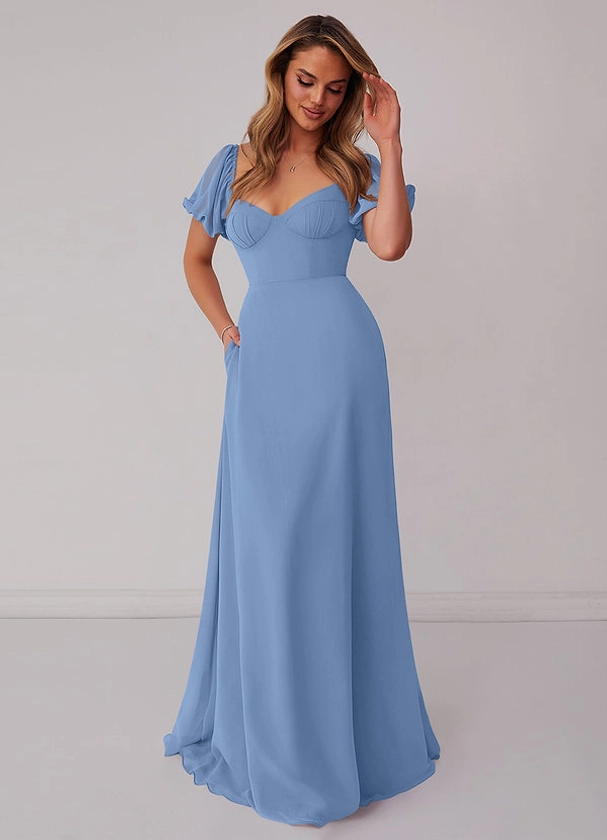 CHIFFON A-LINE DRESS WITH PUFF SLEEVES - Bridesmaid Dresses