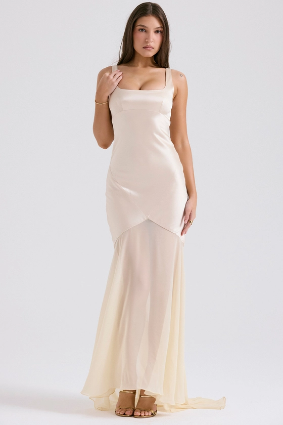 Clothing: Maxi Dresses: 'Vittoria' Champagne Chiffon Floor Length Gown