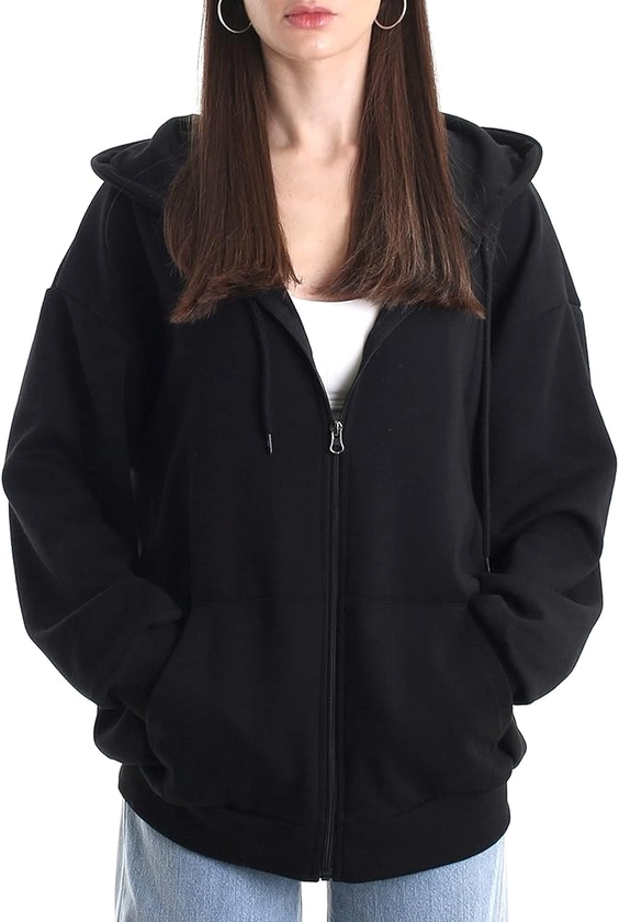 Oversized Women's Casual Full-Zip Hoodie Lightweight Long Sleeve Sweatshirt Casual Jacket with Pocket