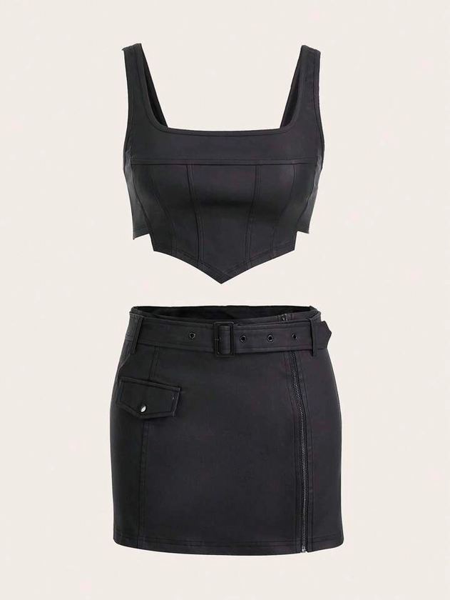 SHEINNeu Asymmetrical Hem PU Leather Tank Top & Belted Skirt