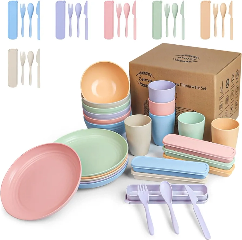 Zelova Wheat Straw Dinnerware Sets for 6- Unbreakable Plastic Dishes Set 42 PCS, Reusable Plates and Bowls Sets, Lightweight, Microwave & Dishwasher Safe - Perfect for Camping, Picnic, Campervan