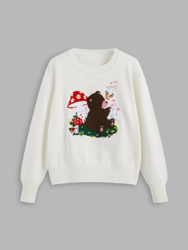 Knit Fabric Knit Round Neckline Bear Mushroom Graphic Oversized Sweater For School