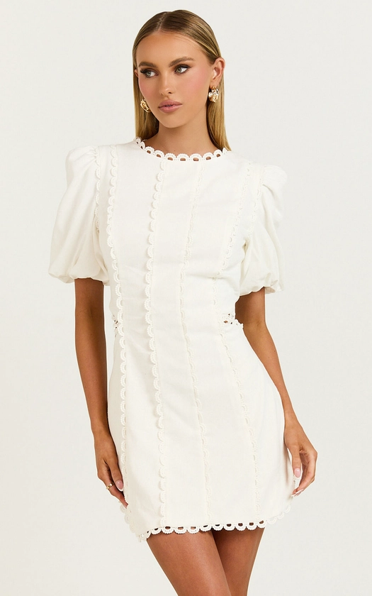 Laila Mini Dress - High Neck Side Cut Out Puff Sleeve Straight Dress in Off White