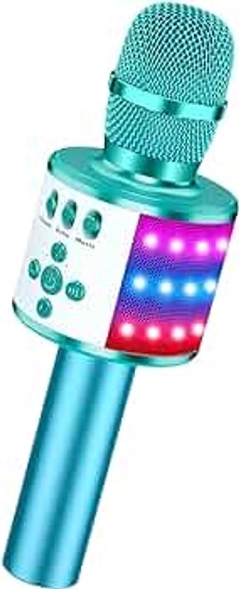 BONAOK Bluetooth Wireless Karaoke Microphone with LED Lights,4-in-1 Portable Handheld Mic with Speaker Karaoke Player for Singing Home Party Toys Birthday Gift for Kids Adults Girls Q78(Ice Blue)