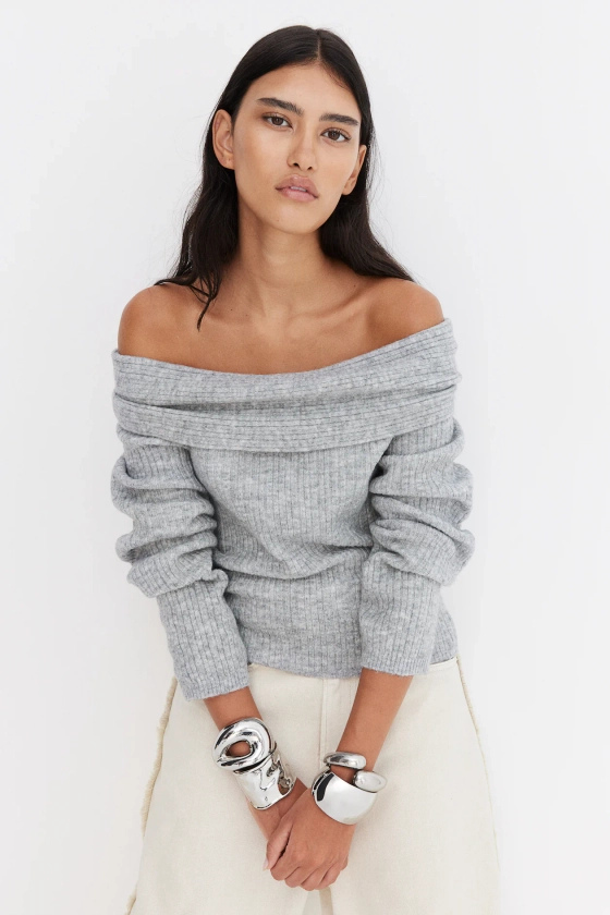 Off-the-shoulder jumper - Long sleeve - Short - Grey marl - Ladies | H&M GB