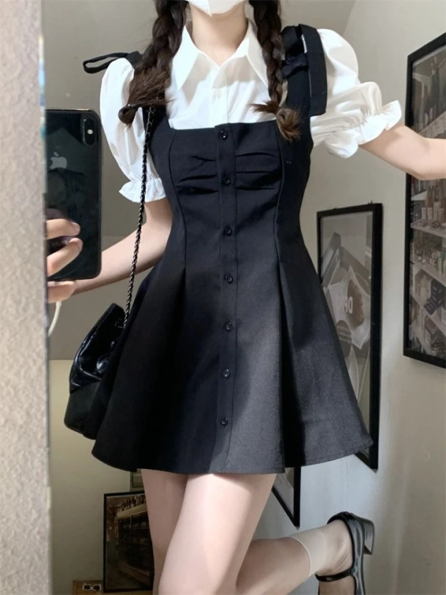 Traje de estilo Kawaii Preppy para mujer, vestido negro, blusa blanca, dulce moda coreana, atuendo femenino elegante de dos piezas, 2023