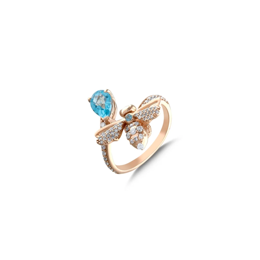 QUEEN BEE MELLONA GOLD DIAMOND BLUE TOPAZ RING