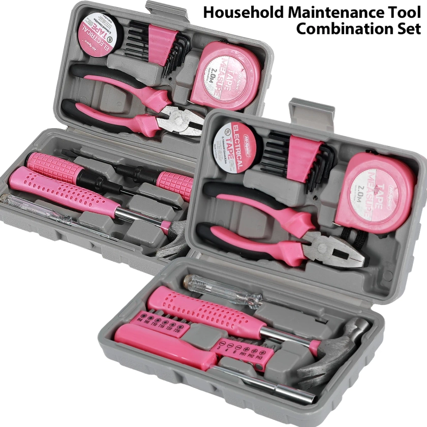 13/24pcs Household Repair Tool Kit Multi-Purpose Pink Home Hand Tool Set With Storage Case Durable Hammer And Allen Key Set