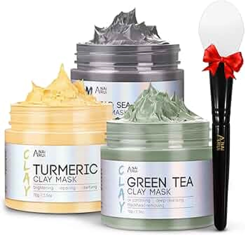 ANAI RUI Turmeric Clay Mask - Green Tea Clay Mask - Dead Sea Minerals Mud Mask, Spa Facial Mask Set, Face Mask Gift Set 2.5 oz each