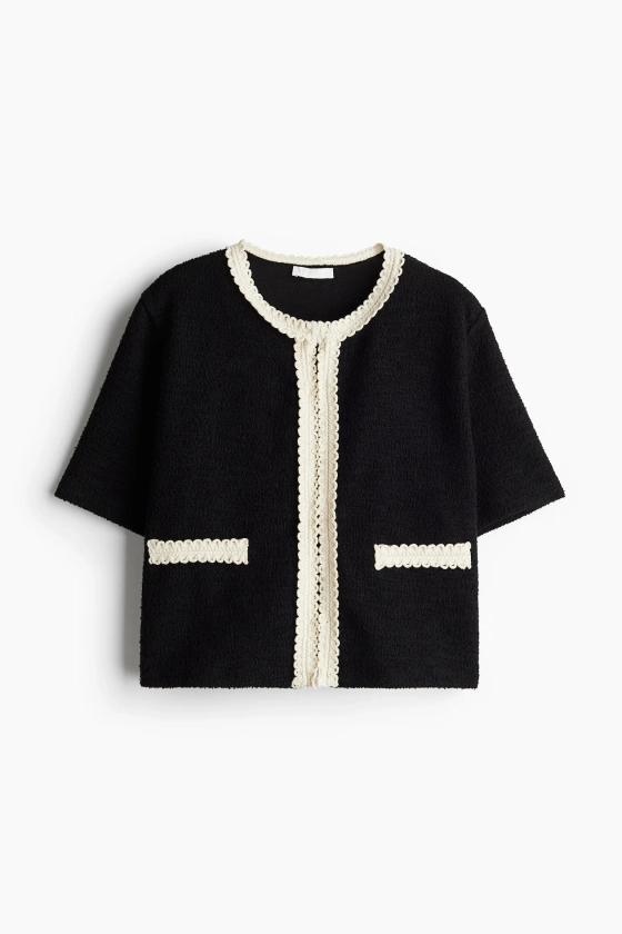 Embroidered-trim cardigan - Round neck - Short sleeve - Black/Cream - Ladies | H&M GB