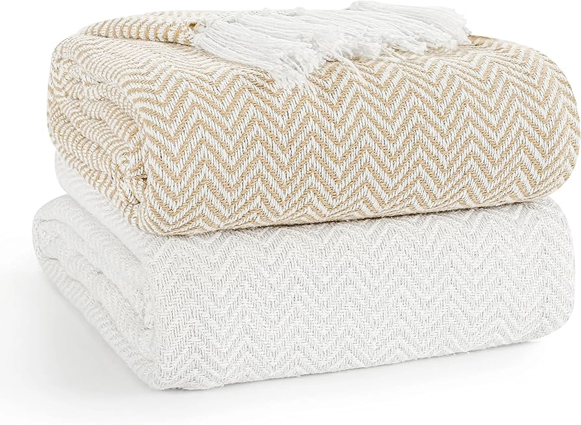 EHC PAIR Pack Chevron Cotton Throws for Sofa Settees Chair Cover Blanket, 127 x 152cm (Pack of 2) - Ivory/Tan