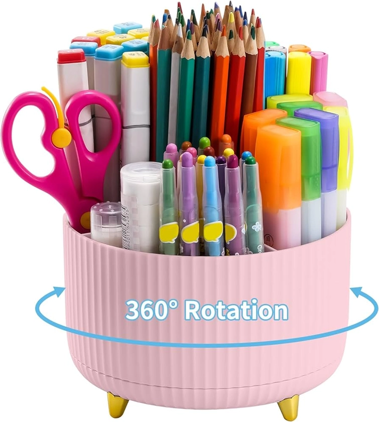 Marbrasse Desk Organizer, 360-Degree Rotating Pen Holder for Desk, Desk Organizers and Accessories with 5 Compartments Pencil Organizer, Art Supply Storage Box Caddy for Office, Home （Pink）