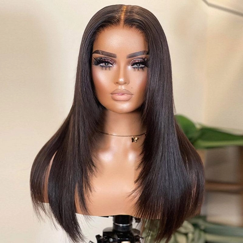 HD Lace Layered Wig Human Hair Straight Glueless Wig