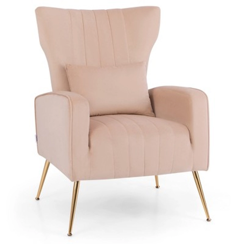 Costway Velvet Upholstered Wingback Chair with Lumbar Pillow & Golden Metal Legs Pink