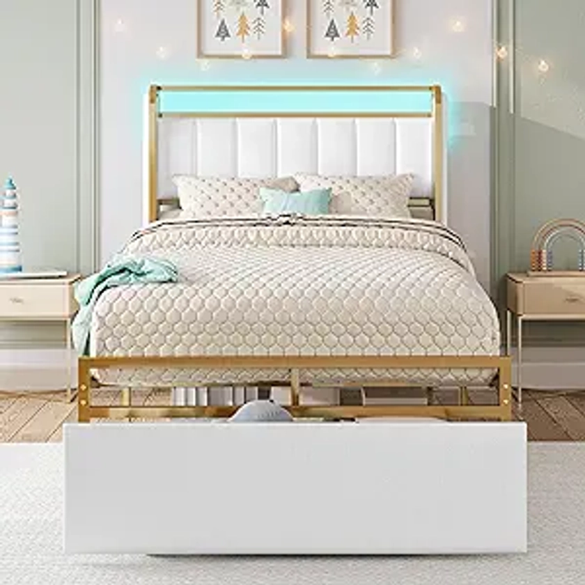 LIKIMIO Twin Size Bed Frame with Armrests Headboard & RGB Light, Upholstered Twin Size Bed Platform with Drawers, No Box Spring Needed, Study & No Noise, Modern Gold and White