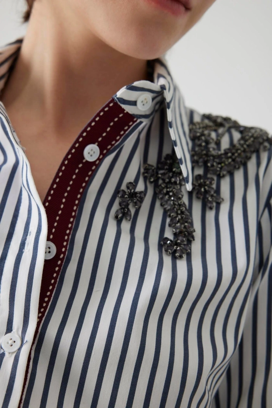 Embroidered Detailed Waist Fitted Striped Shirt