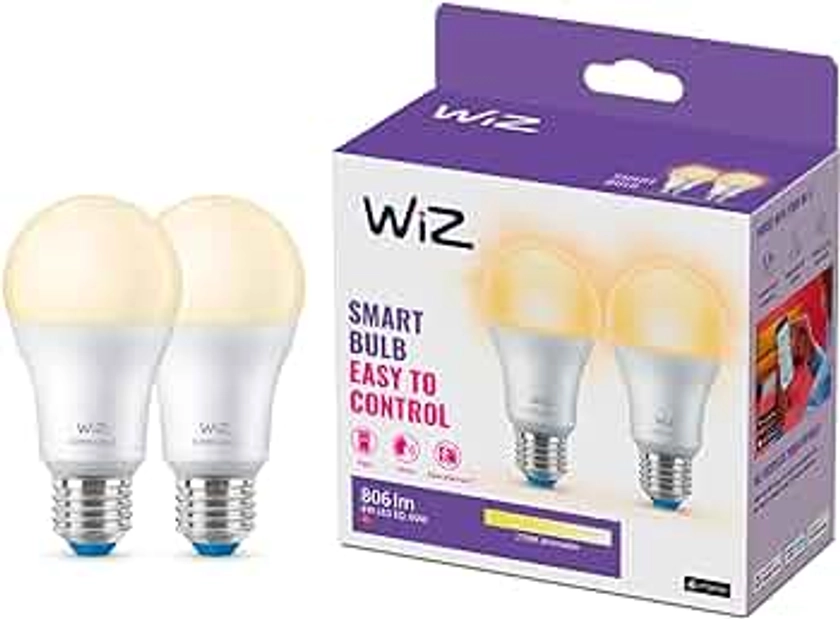WiZ ampoule LED Connectée Wi-Fi à intensité variable E27, Blanc Chaud, équivalent 60W, 806 lumen, lot de 2, fonctionne avec Alexa, Google Assistant et Apple HomeKit