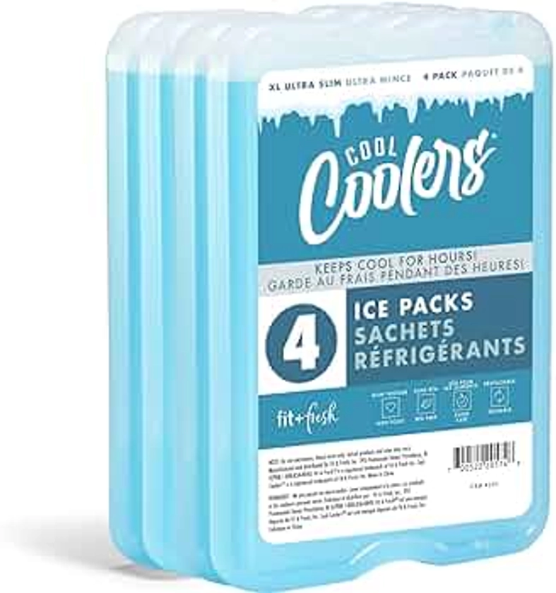 Cool Coolers by Fit & Fresh 4 Pack XL Slim Ice Packs, Quick Freeze Space Saving Reusable Ice Packs for Lunch Boxes or Coolers, Blue, 239ICE, 4 count (Pack of 1)