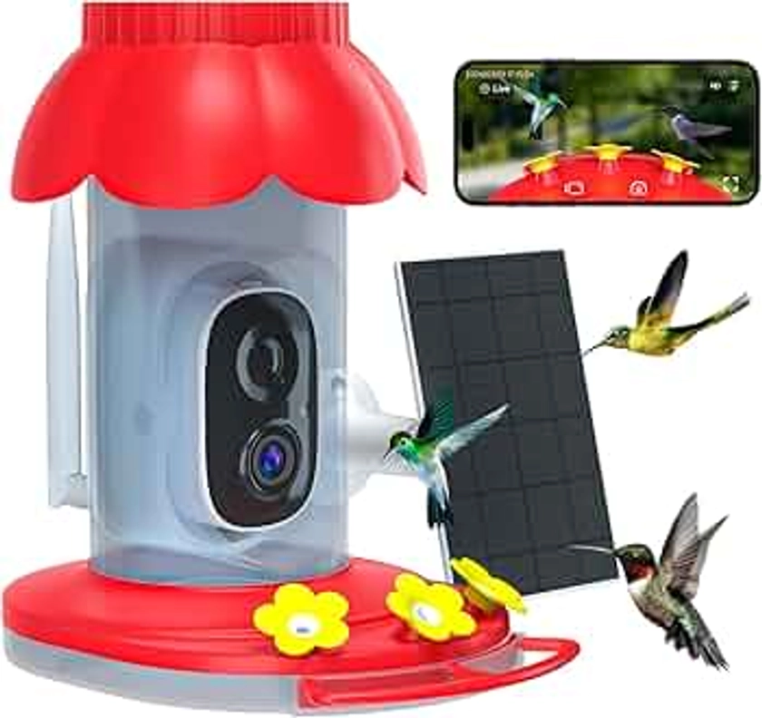 Hummingbird Feeder with Camera, AI Identify Bird Species, Double Ant Moat, Bee Proof, Hum Bird Watching Camera with Solar Panel, 3 Feeding Ports, Instant Notifications, Garden Hummingbird Watch