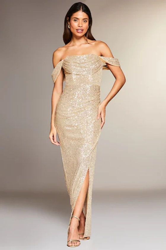 Buy Lipsy Gold Sequin Bardot Split Drape Maxi Dress from the Next UK online shop