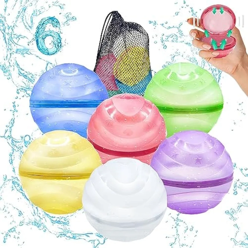 Reusable Water Balloons Quick Fill - Pack of 6 | Anti Slip Shell Design, Water Bombs Splash Balls | Mesh Bag | Refillable Water Balloons | Pool Party Magnetic Balls | Easter Gifts for Kids