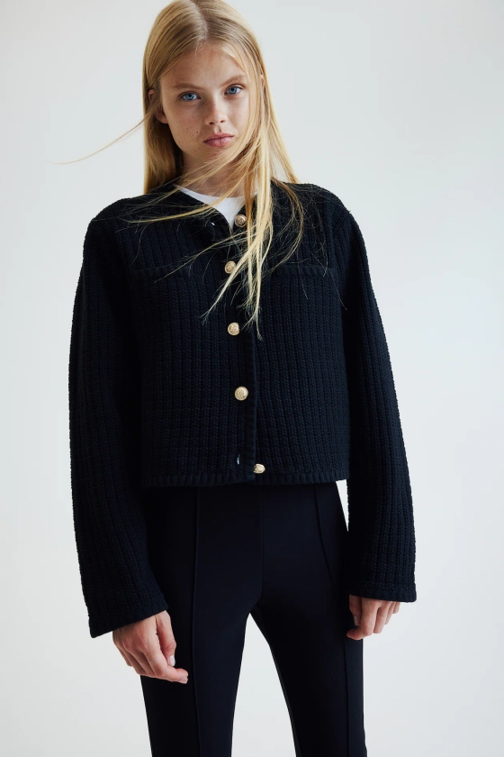 Short textured-knit cardigan - Black - Ladies | H&M GB