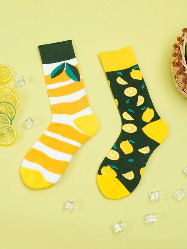 Chaussettes mi-mollet femmes bicolores de style AB à motif rayé citron vibrant