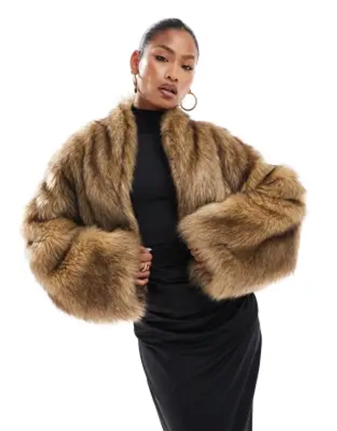 Aria Cove cropped faux fur oversized collar jacket in brown | ASOS