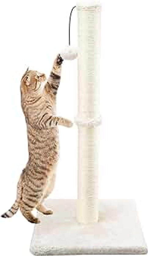 Dimaka 29" Height Tall Cat Scratching Post, Claw Scratcher with Sisal Rope and Covered with Soft Smooth Plush, Vertical Scratch [Full Strectch] for Standard Size Cats. (Beige)