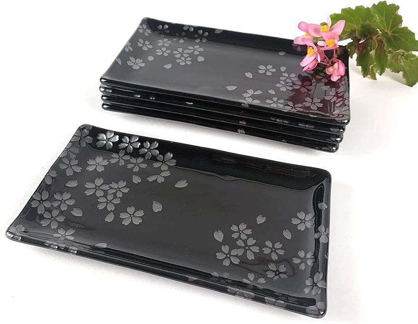 JapanBargain 4691, Japanese Sushi Set Porcelain Sushi Plates Set Dinner Plate Gift Set, Black and Silver Color Cherry Blossom, 8-5/8X5 inch, Made in Japan