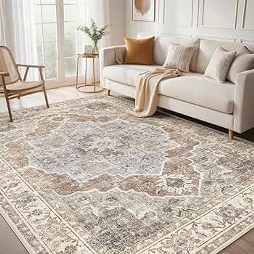 Washable 8x10 Area Rugs for Living Room - Vintage Distressed Retro Neutral Farmhouse Thin Large Rug Indoor Floor No Slip Rug Carpet for Bedroom Dining Room Decor - Grey Brown