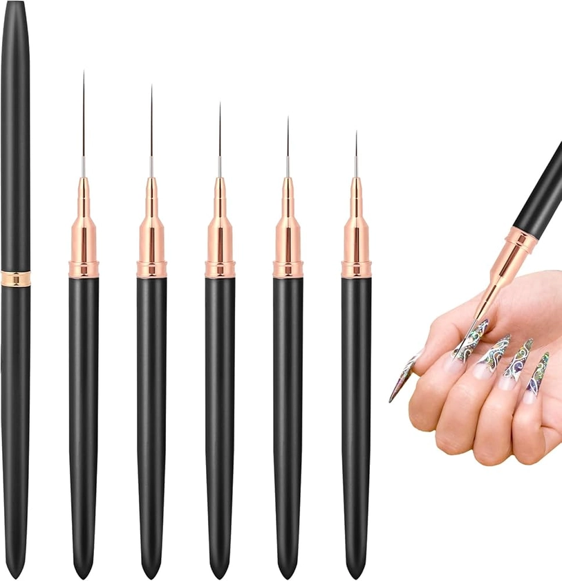 Nail Art Liner Brushes, 5Pcs 4/8/12/20/25mm Painting Nail Art Brush Set Nail Dotting Drawing Tool Nail Art Design Brush Detail Brush for Long Lines, Thin Details, Fine Drawing(Black)