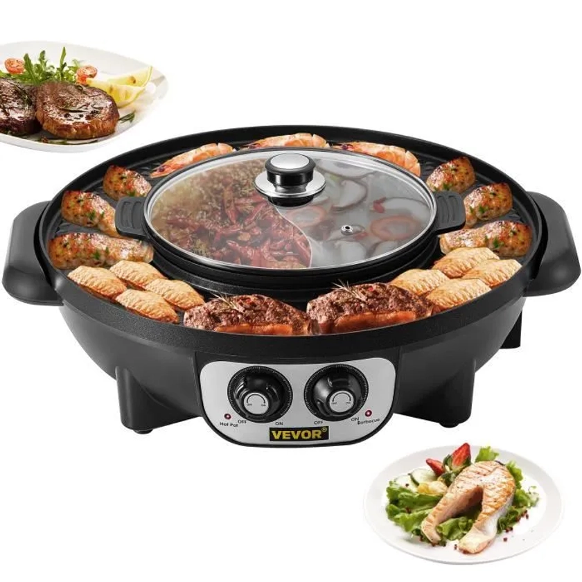 Gril Électrique Multifonctionnel - VEVOR - 2200 W Fondue Électrique Barbecue 2 en 1 - pour Barbecue Intérieur