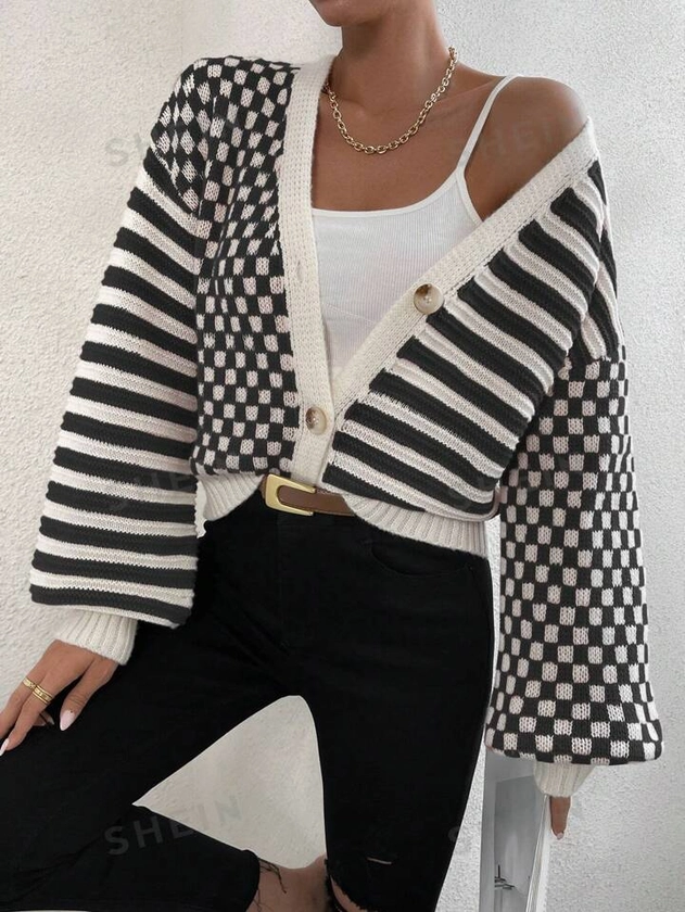 SHEIN Essnce Contrast Striped & Checker Pattern Lantern Sleeve Drop Shoulder Cardigan | SHEIN USA