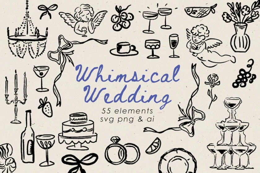 Hand Drawn Whimsical Wedding Bundle, Wedding Illustration Icons for Invitation, Editable in Canva, Wedding Doodle in Quirky Style in SVG