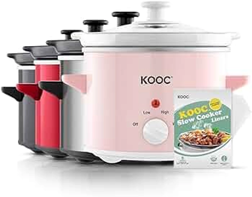 KOOC Small Slow Cooker, 2-Quart, Free Liners Included for Easy Clean-up, Upgraded Ceramic pot, Adjustable Temp, Nutrient Loss Reduction, Stainless Steel, Pink, Round