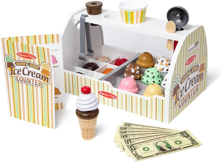 Melissa & Doug Wooden Scoop and Serve Ice Cream Counter (28 pcs) - Play Food and Accessories - Pretend Food Toys, Ice Cream Shop Toys For Kids Ages 3+