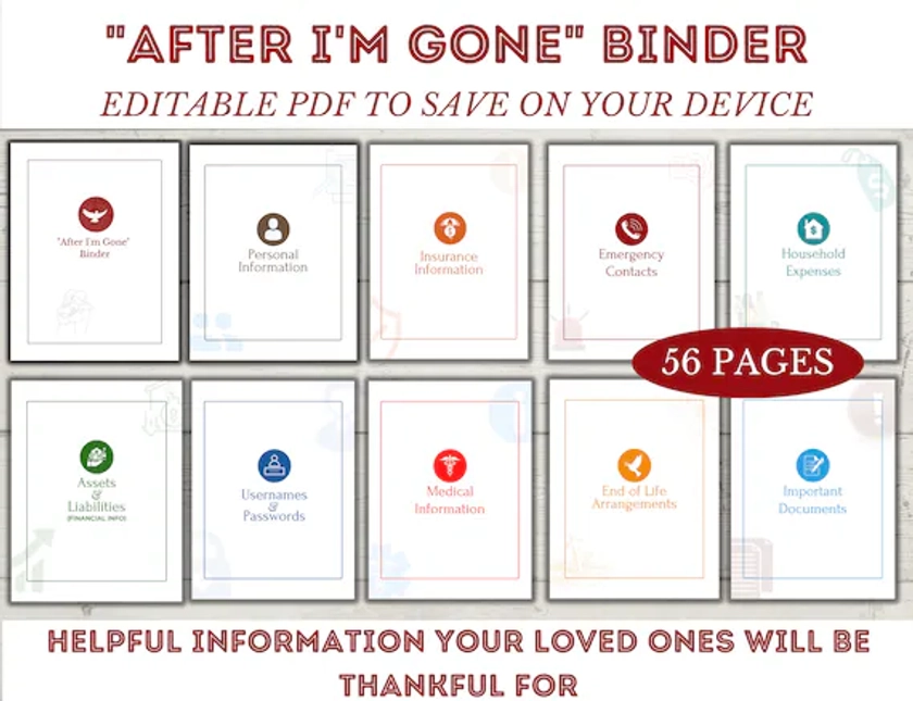 Editable "After I'm Gone" Binder, Emergency Binder, Emergency Planning, Printable Emergency Planning