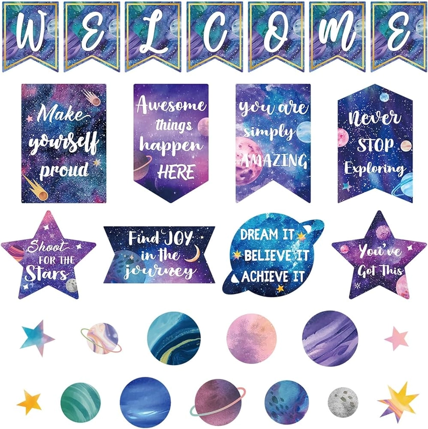 Outus 28 Pcs Motivational Posters Bulletin Board Decorations Set Welcome Theme Classroom Decor Inspirational Quotes Poster Cutouts for Teachers Students Home School Supplies(Space)