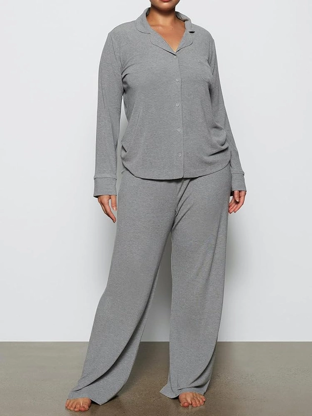 AnotherChill Women's Pajamas Set Long Sleeve Button Down Ribbed Knit 2 Piece Sleep Sets Loungewear Soft Pjs