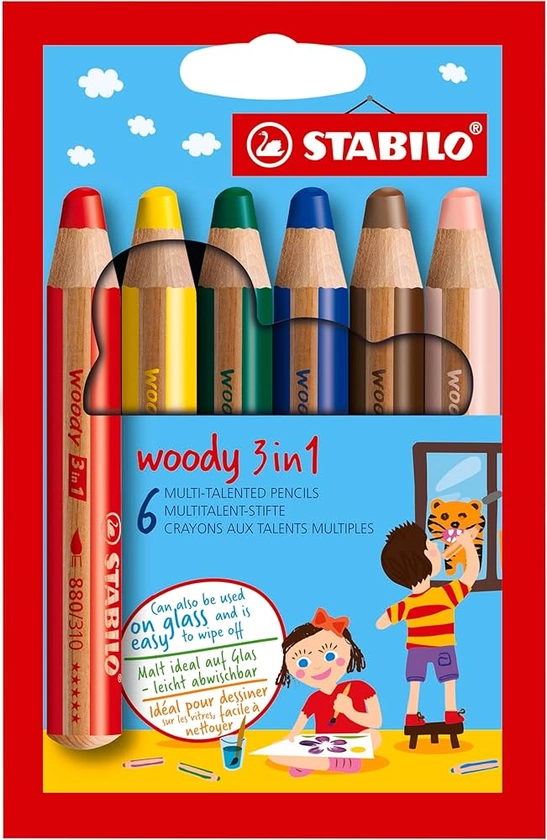 Crayon de couleur - STABILO woody 3in1 - Etui carton x 6 crayons de coloriage