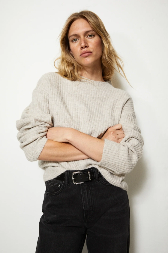 Rib-knit jumper - Round neck - Long sleeve - Light beige marl - Ladies | H&M GB