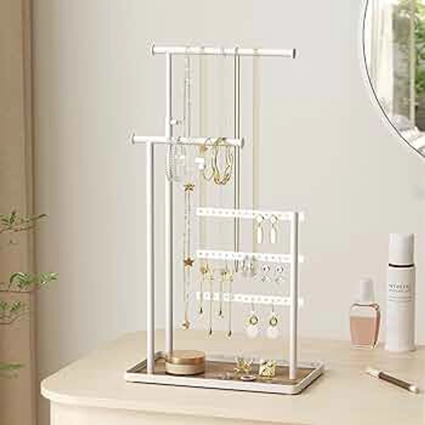 Jewelry Holder Organizer Stand - Adjustable Tall 17.5" (Max), Sturdy Jewelry Hanger for Necklaces, Earrings, Bracelets, Rings, Jewlery Display and Storage, White, Metal