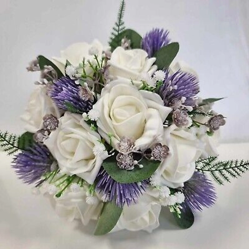 Wedding bouquet, scottish thistle silk rose with gyp corsage. Bridesmaids posy | eBay