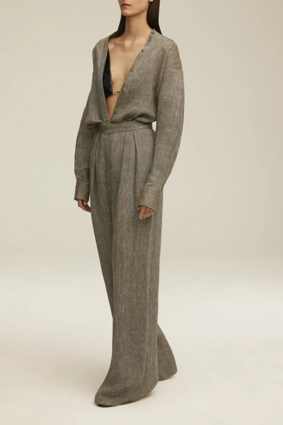 The High Waisted Wide Leg Trouser in Ash Herringbone