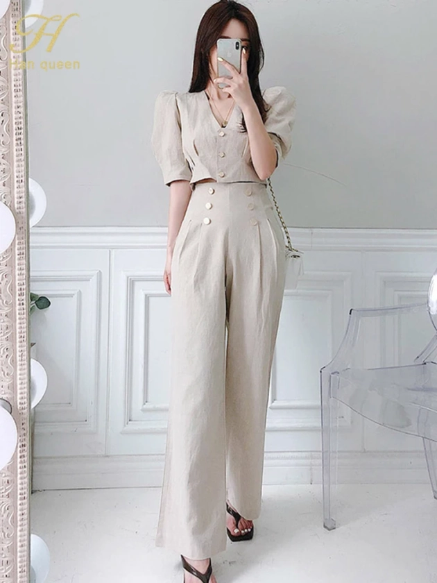 H Han Queen-Conjunto de 2 piezas para mujer, traje elegante de verano con cuello en V, Top corto y pantalones largos con botones simples, 2020