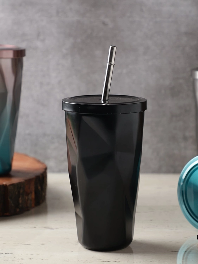 The Decor Mart Black Stainless Steel Tumbler with Straw