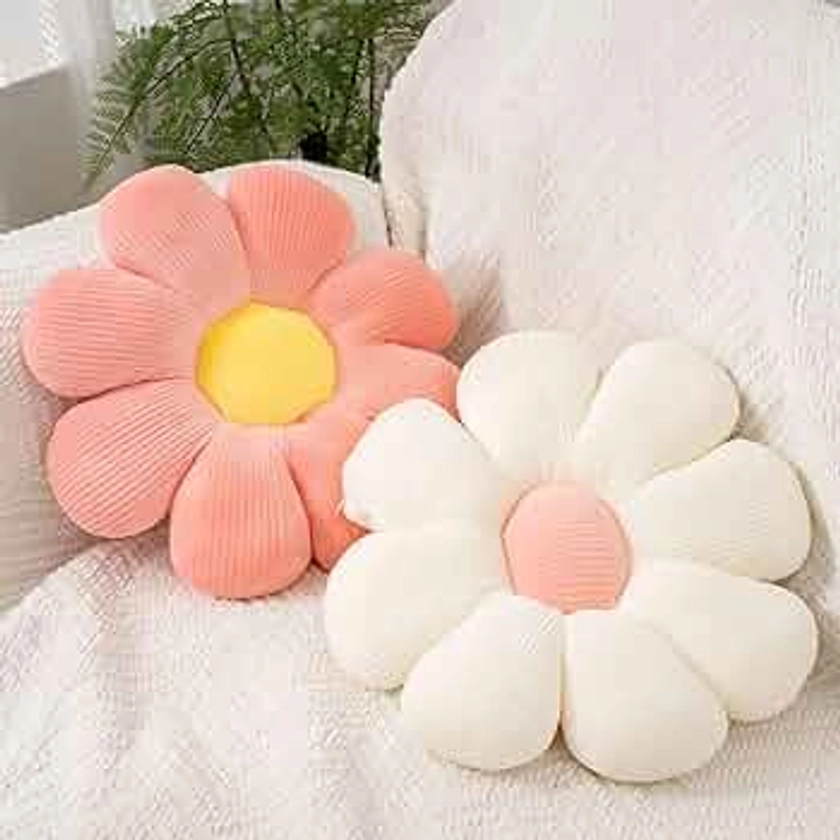 2pcs Flower Pillow - Pink & White Daisy Shaped Throw Pillows Cute Preppy Decorative Pillows Floor Cushion for Girls Bedroom Bed Room Couch Sofa Chair Decor Aesthetic (15.35 Inch, White + Pink)